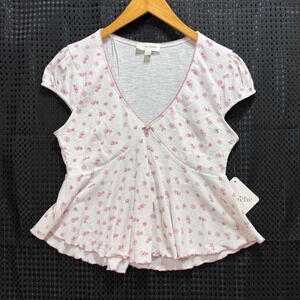 La Peche Peplum Top Women Size‎ M White Pink Floral Coquette Ribbed Cap Sleeve